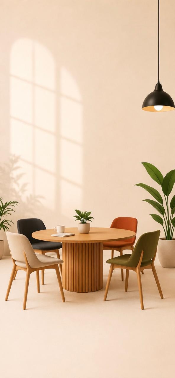 Hotel lobby with red and dark armchairs, a pendant light and a plant